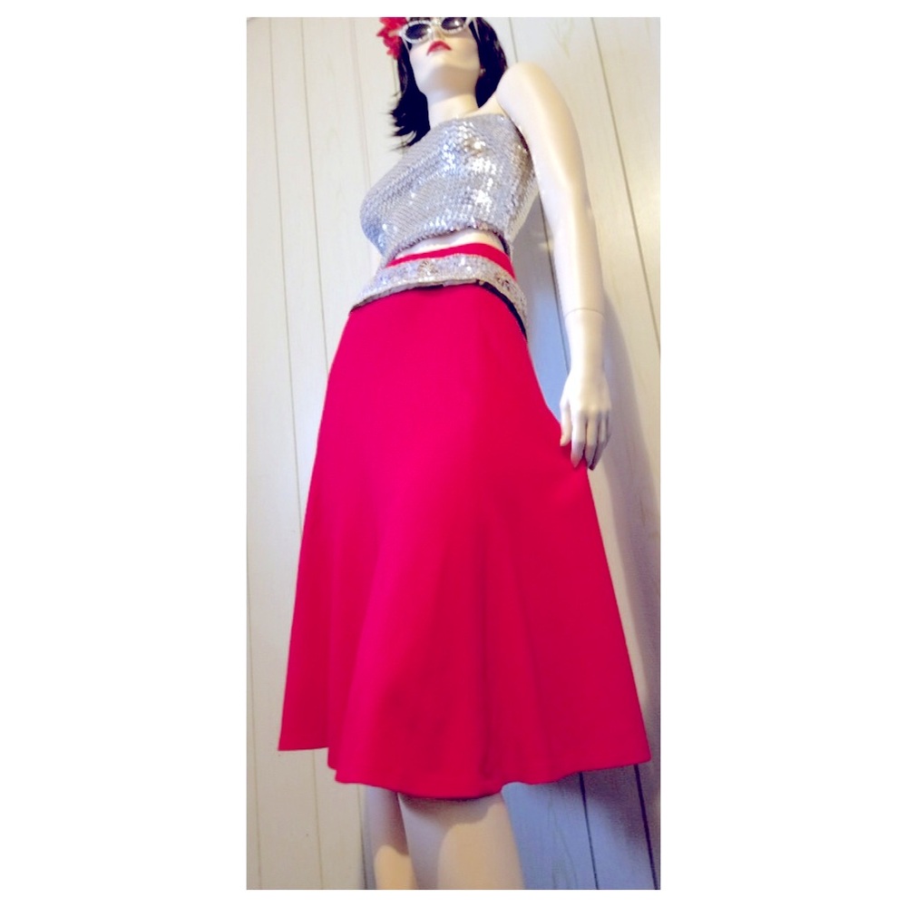Vintage 70s Brightest Cherry Red Soft Acrylic Fit & Flare Circle Skirt wOw!